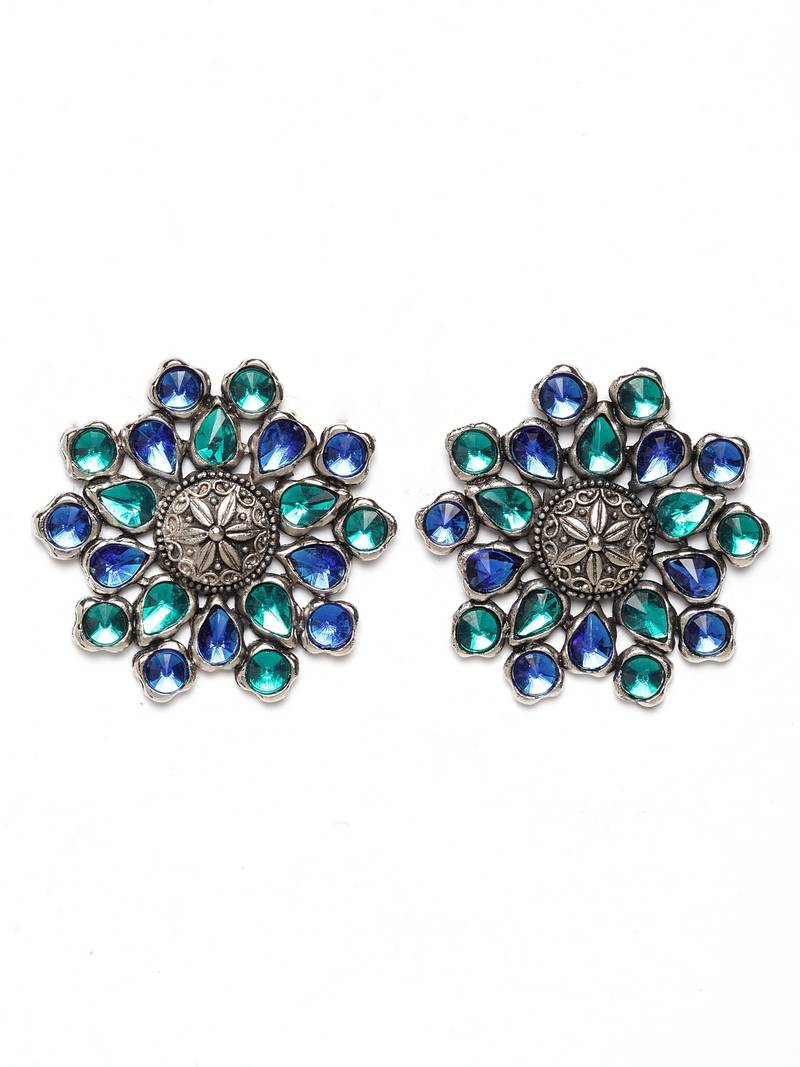 Blue - Antique Silver Finish Oxidised Brass Base Stone Work Stud Earrings