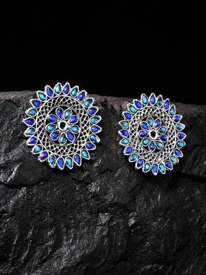 Handcrafted Blue Stones Antique Rajwada Design Oxidised Silver Plated Brass Studs 1