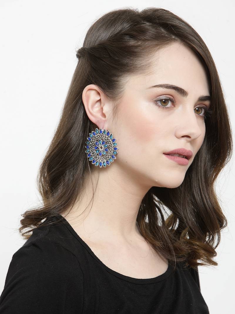 Handcrafted Blue Stones Antique Rajwada Design Oxidised Silver Plated Brass Studs