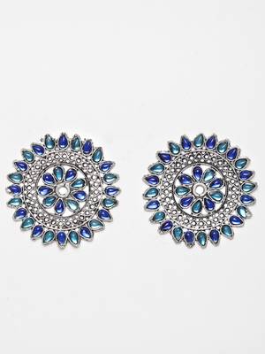 Handcrafted Blue Stones Antique Rajwada Design Oxidised Silver Plated Brass Studs 3