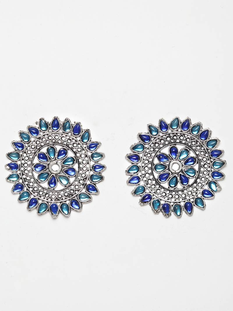 Handcrafted Blue Stones Antique Rajwada Design Oxidised Silver Plated Brass Studs