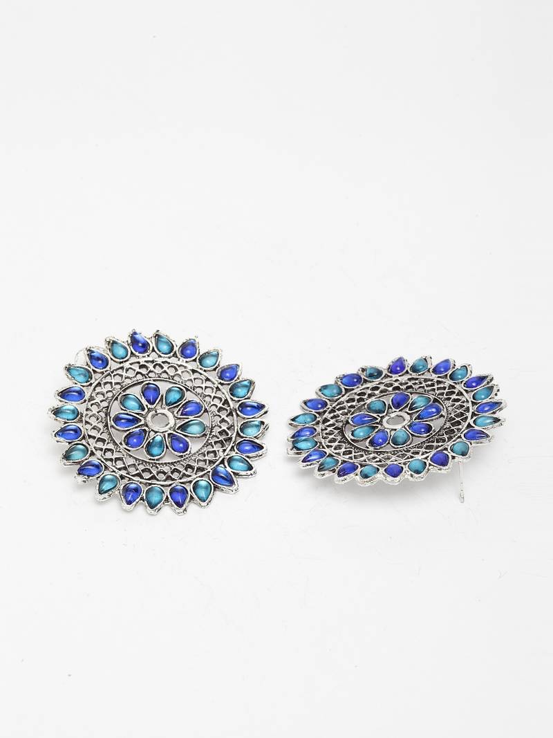 Handcrafted Blue Stones Antique Rajwada Design Oxidised Silver Plated Brass Studs