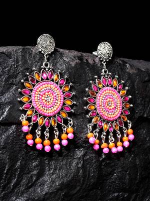 Handcrafted Pink Orange Bead Stones Oxidised Silver Plated Brass Afghan Drop Earrings 1