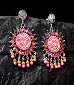 Handcrafted Pink Orange Bead Stones Oxidised Silver Plated Brass Afghan Drop Earrings