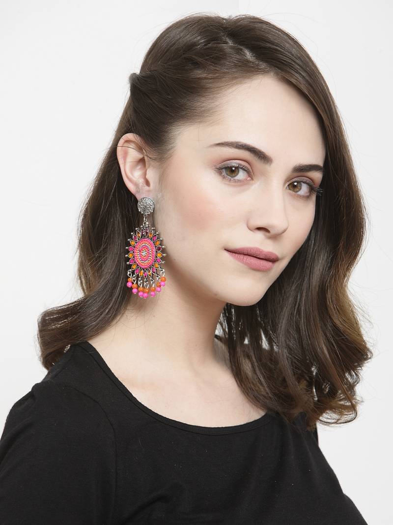 Handcrafted Pink Orange Bead Stones Oxidised Silver Plated Brass Afghan Drop Earrings