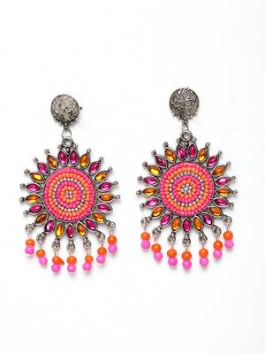 Handcrafted Pink Orange Bead Stones Oxidised Silver Plated Brass Afghan Drop Earrings 3