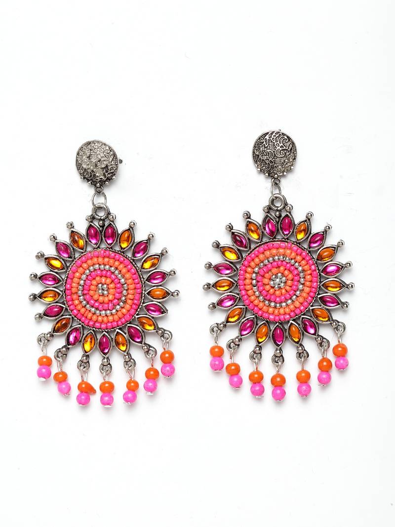 Handcrafted Pink Orange Bead Stones Oxidised Silver Plated Brass Afghan Drop Earrings