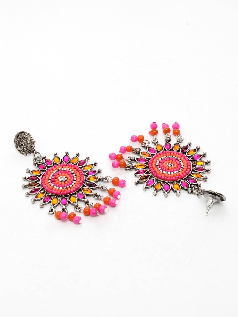 Handcrafted Pink Orange Bead Stones Oxidised Silver Plated Brass Afghan Drop Earrings