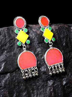 Handcrafted Pink Yellow Enamelled Meenakari Oxidised Silver Plated Brass Earrings 1