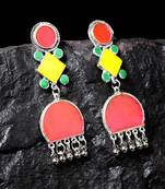 Handcrafted Pink Yellow Enamelled Meenakari Oxidised Silver Plated Brass Earrings