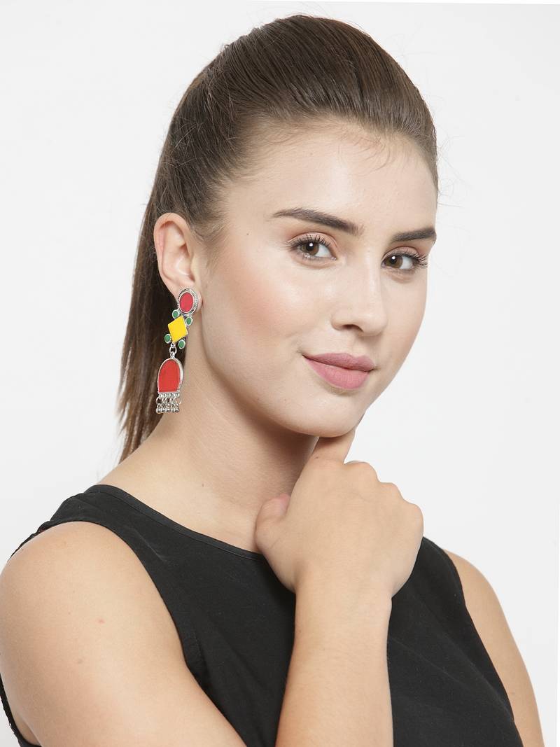 Handcrafted Pink Yellow Enamelled Meenakari Oxidised Silver Plated Brass Earrings