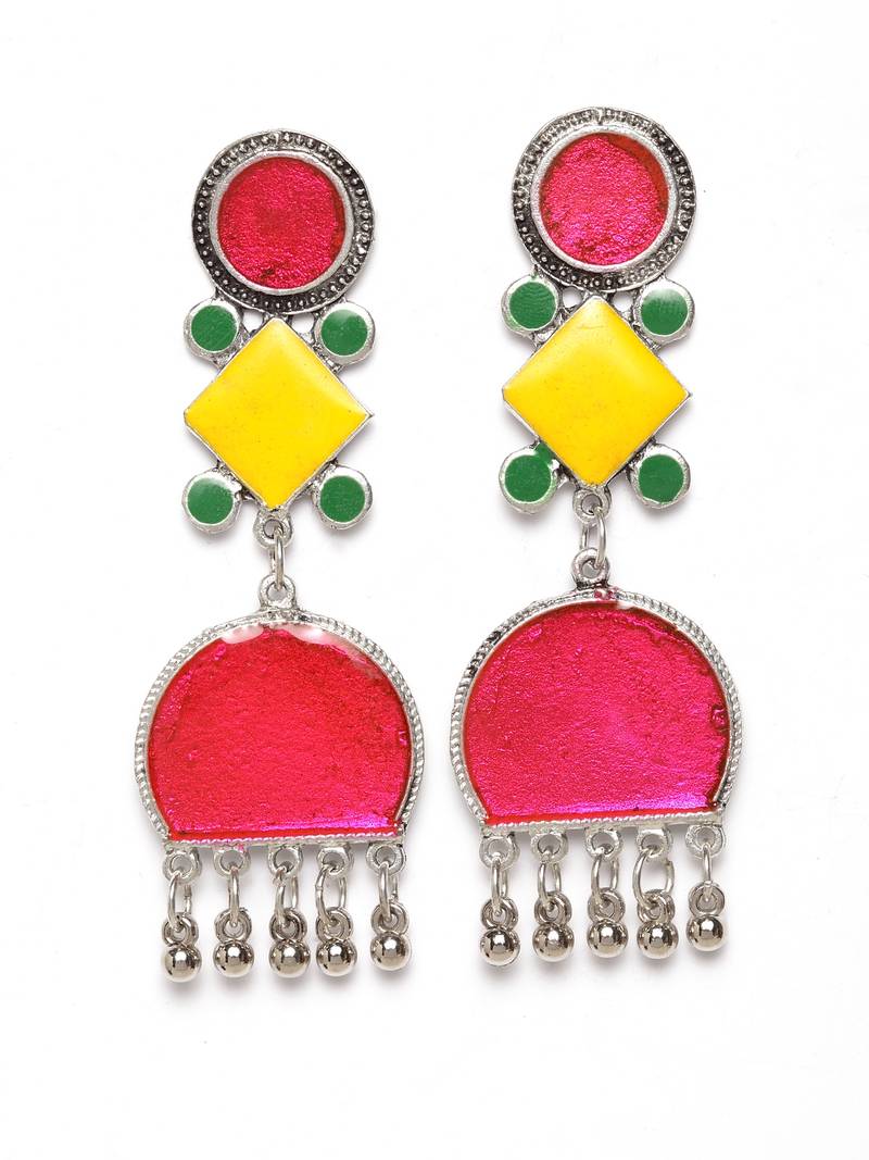 Handcrafted Pink Yellow Enamelled Meenakari Oxidised Silver Plated Brass Earrings