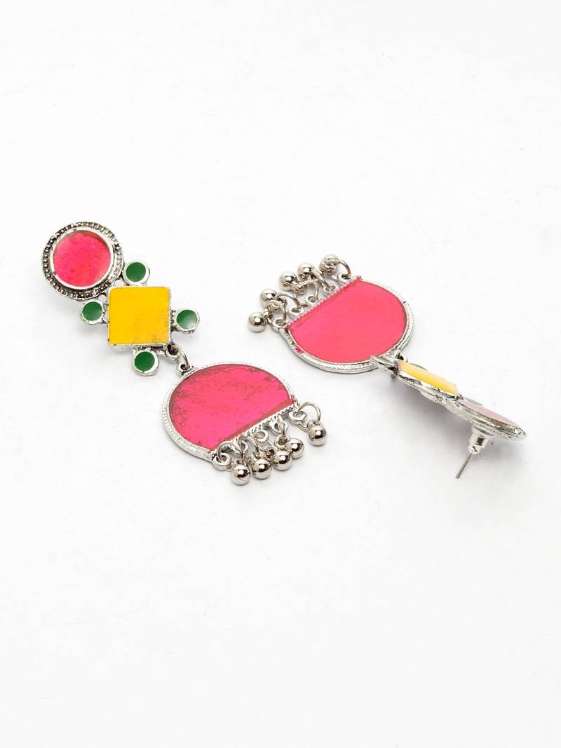 Handcrafted Pink Yellow Enamelled Meenakari Oxidised Silver Plated Brass Earrings