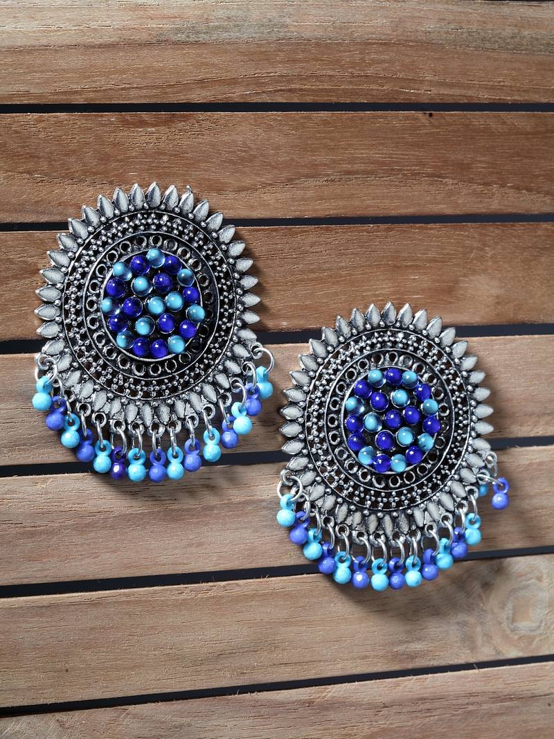 Handcrafted Blue Beads and Stones Afghan Design Oxidised Silver Plated Brass Studs