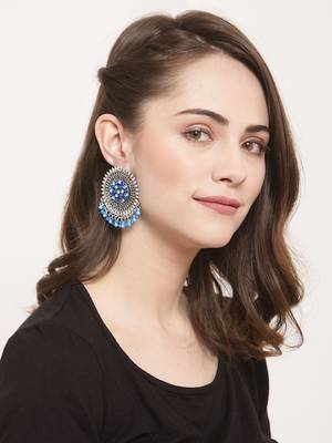 Handcrafted Blue Beads and Stones Afghan Design Oxidised Silver Plated Brass Studs 2