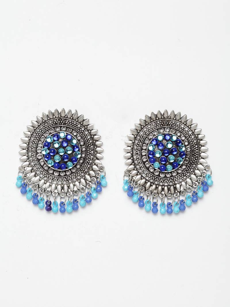 Handcrafted Blue Beads and Stones Afghan Design Oxidised Silver Plated Brass Studs