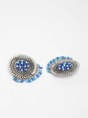 Handcrafted Blue Beads and Stones Afghan Design Oxidised Silver Plated Brass Studs 4