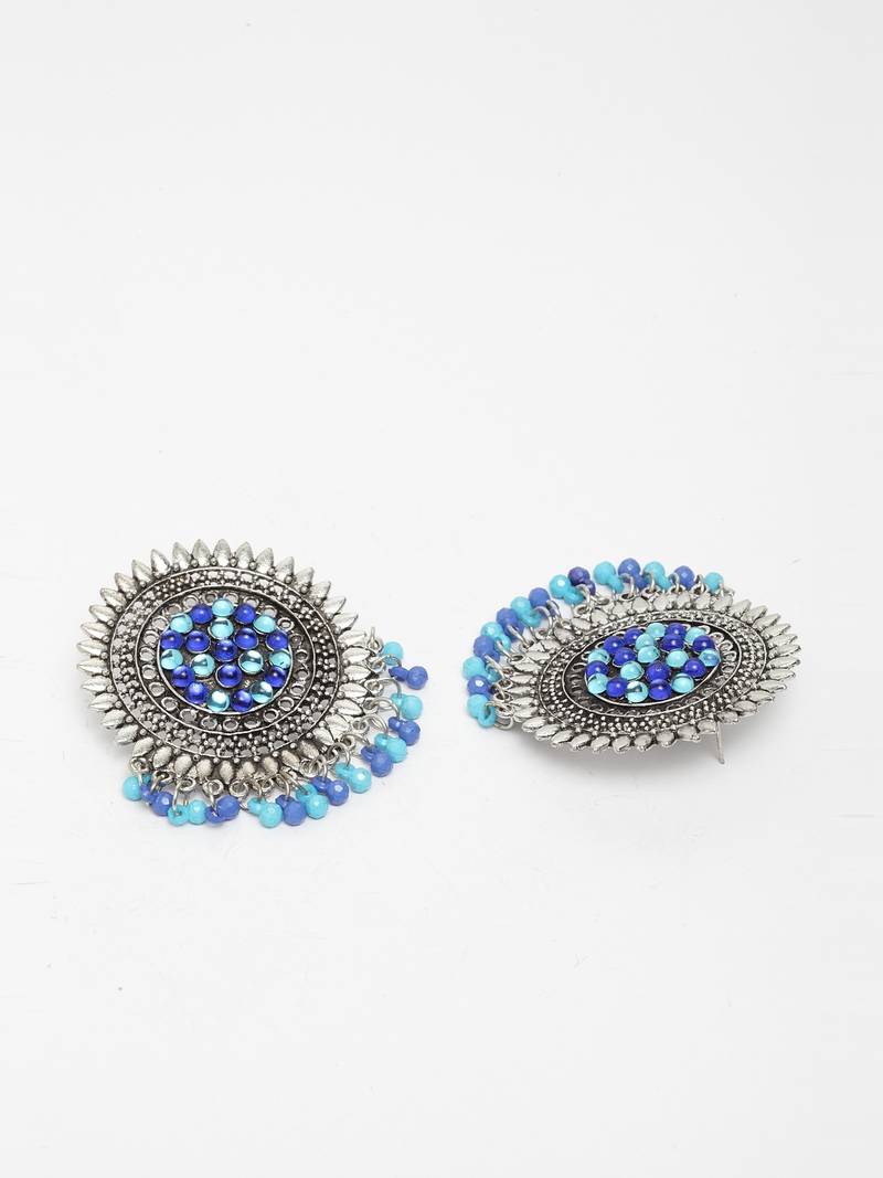 Handcrafted Blue Beads and Stones Afghan Design Oxidised Silver Plated Brass Studs