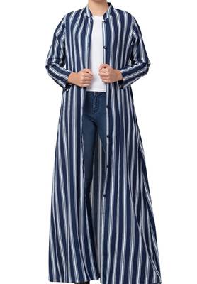 Crepe Long Abaya Like Dress In Stripes With Side Pockets 1