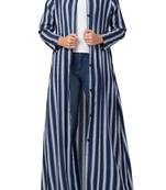 Crepe Long Abaya Like Dress In Stripes With Side Pockets