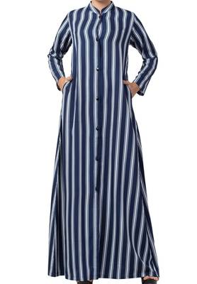 Crepe Long Abaya Like Dress In Stripes With Side Pockets 3