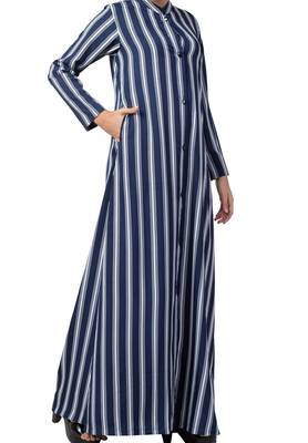 Crepe Long Abaya Like Dress In Stripes With Side Pockets 8