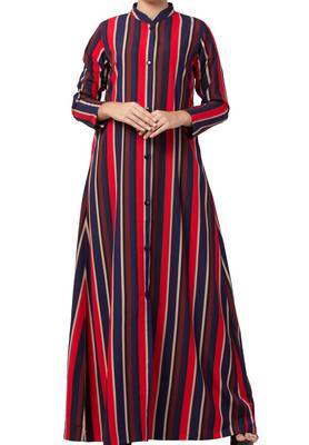 Crepe Long Abaya Like Dress In Stripes With Side Pockets 3
