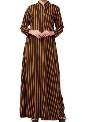 Crepe Long Abaya Like Dress In Stripes With Side Pockets 4