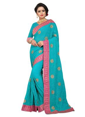 Blue embroidered georgette saree with blouse 1