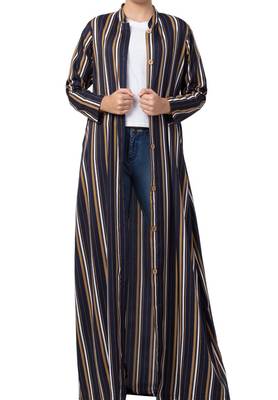 Crepe Long Abaya Like Dress In Stripes With Side Pockets 1