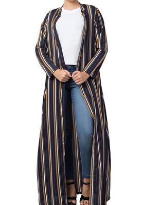 Crepe Long Abaya Like Dress In Stripes With Side Pockets 2