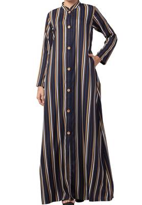 Crepe Long Abaya Like Dress In Stripes With Side Pockets 3