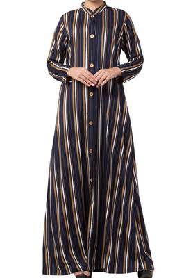 Crepe Long Abaya Like Dress In Stripes With Side Pockets 4