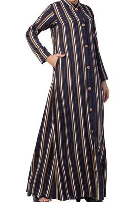 Crepe Long Abaya Like Dress In Stripes With Side Pockets 6