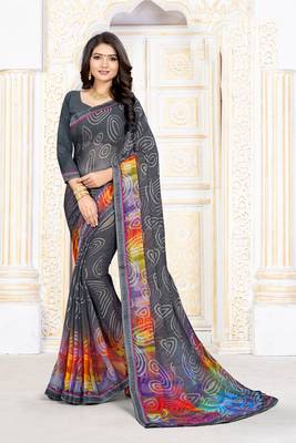 Dark grey printed art silk saree with blouse 1