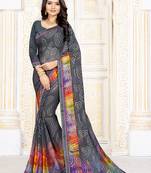 Dark grey printed art silk saree with blouse