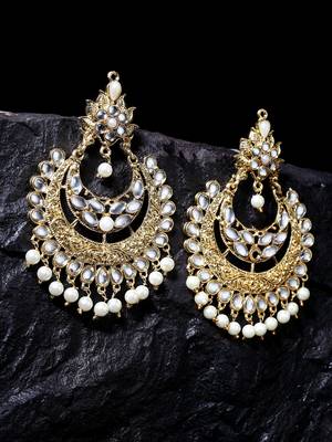 Handcrafted Kundan Pearl Oxidised Gold Plated Crescent Shape Rajwada Brass Chandbalis 1