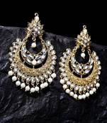 Handcrafted Kundan Pearl Oxidised Gold Plated Crescent Shape Rajwada Brass Chandbalis