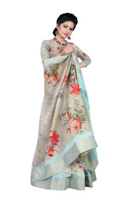 Grey printed jacquard saree with blouse 1