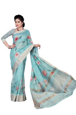 Light blue printed jacquard saree with blouse 1