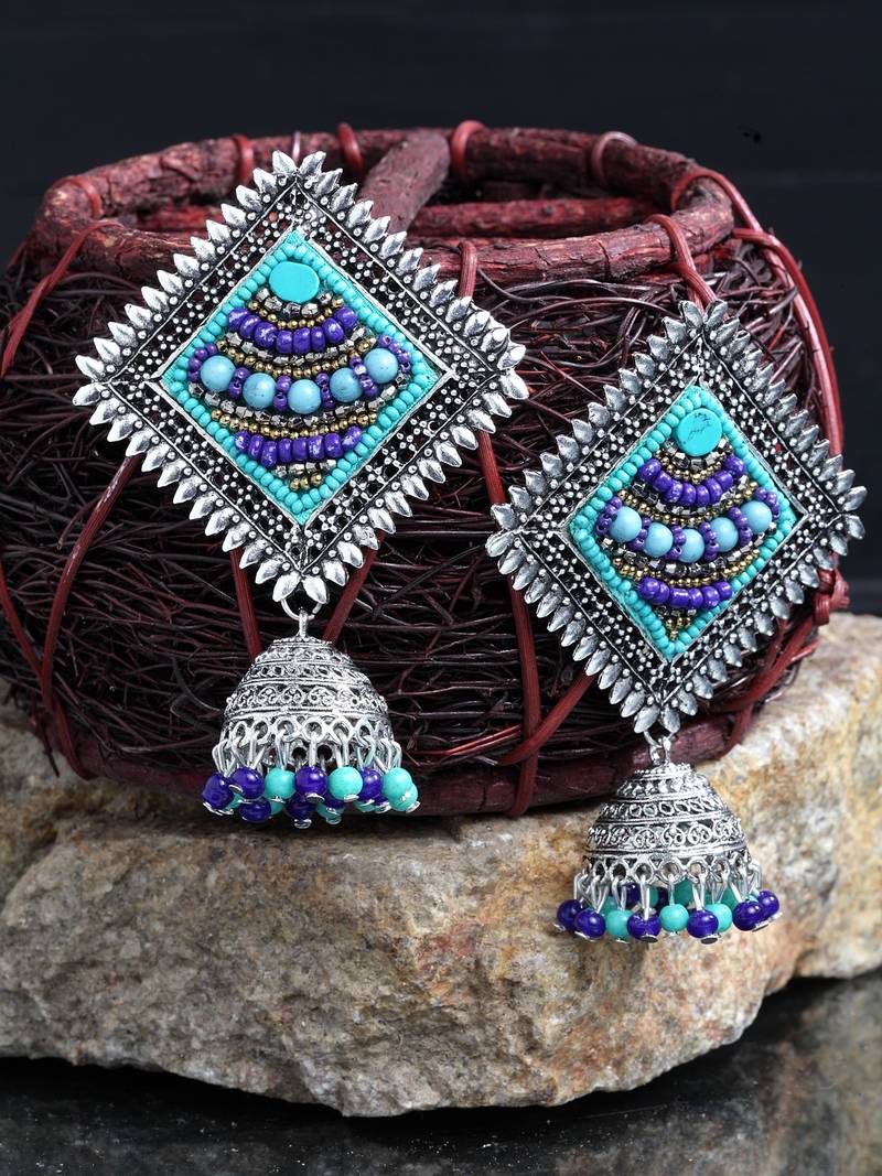 Handcrafted Blue Beads Square Shape Oxidised Silver Plated Brass Afghan Jhumkas
