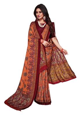 Maroon printed pashmina saree with blouse 1