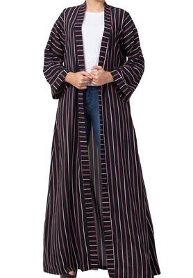 Long Abaya Like Dress In Stripes With Pockets And Belt Made Of Moss Fabric 1