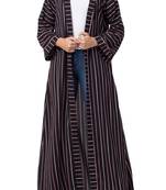 Long Abaya Like Dress In Stripes With Pockets And Belt Made Of Moss Fabric