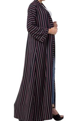 Long Abaya Like Dress In Stripes With Pockets And Belt Made Of Moss Fabric 2