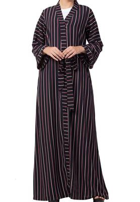 Long Abaya Like Dress In Stripes With Pockets And Belt Made Of Moss Fabric 4