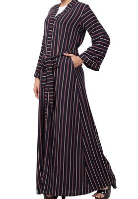 Long Abaya Like Dress In Stripes With Pockets And Belt Made Of Moss Fabric 6