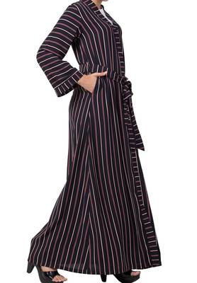 Long Abaya Like Dress In Stripes With Pockets And Belt Made Of Moss Fabric 7