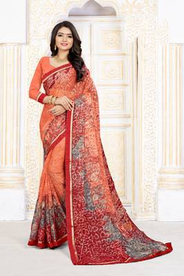Orange printed art silk saree with blouse 1