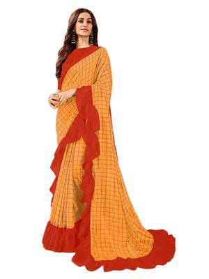 Orange printed art silk saree with blouse 1